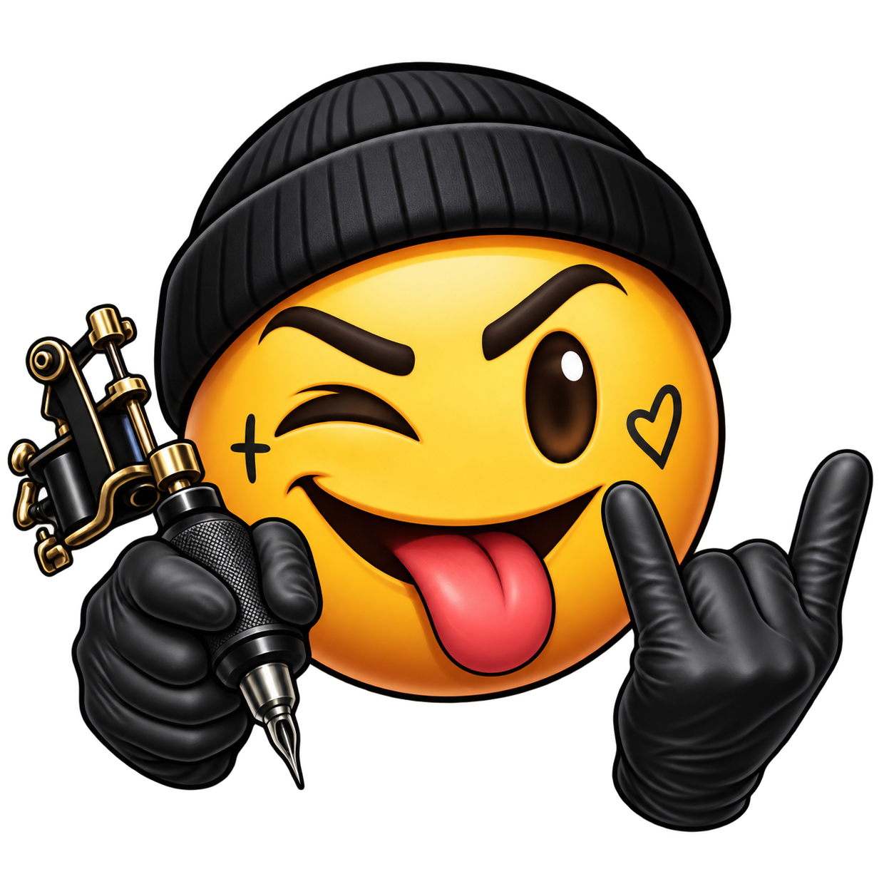 Winking tattoo artist emoji holding a tattoo machine and rocking out