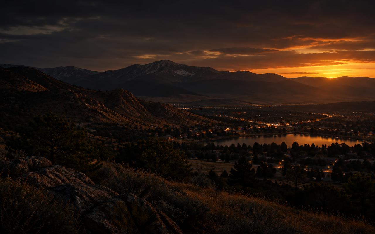 Golden dusk light over the foothills and valley of Loveland, Colorado